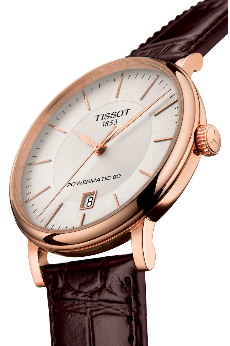 Premium Carson Powermatic 80 Leather Strap Watch, 40mm, Alternate, color, BROWN/ SILVER/ ROSE GOLD