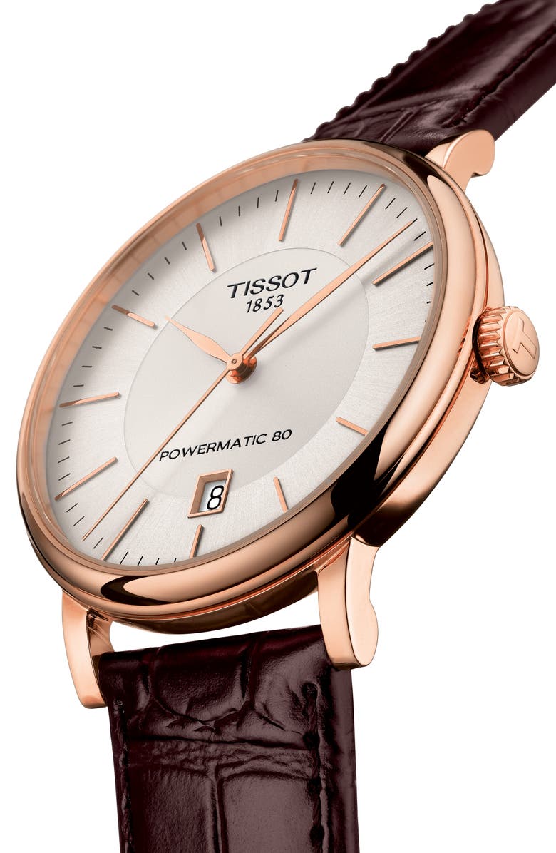 Tissot Premium Carson Powermatic 80 Leather Strap Watch, 40mm, Alternate, color, Brown/ Silver/ Rose Gold