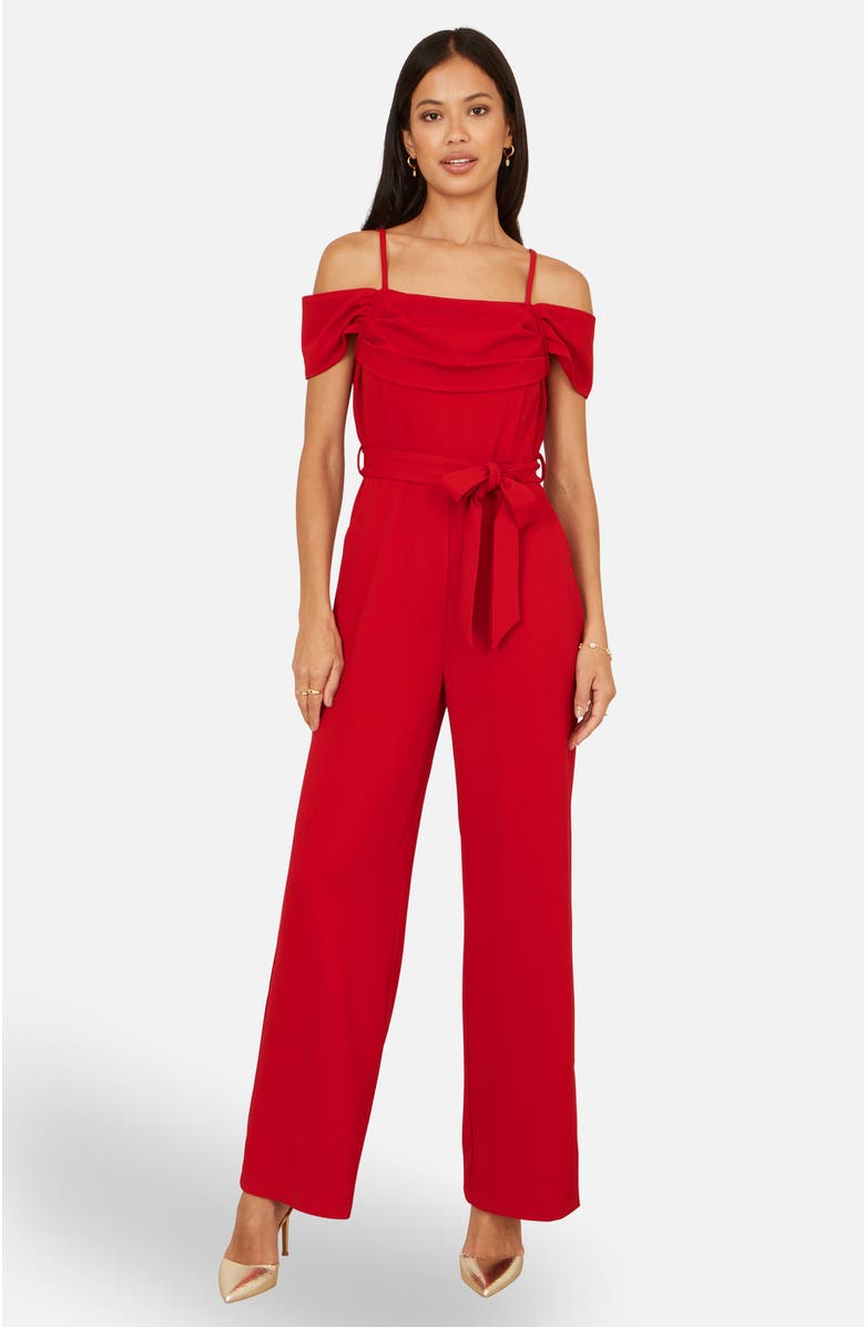 Yumi Draped Bardot Wide-Leg Self-Tie Jumpsuit, Alternate, color, Red