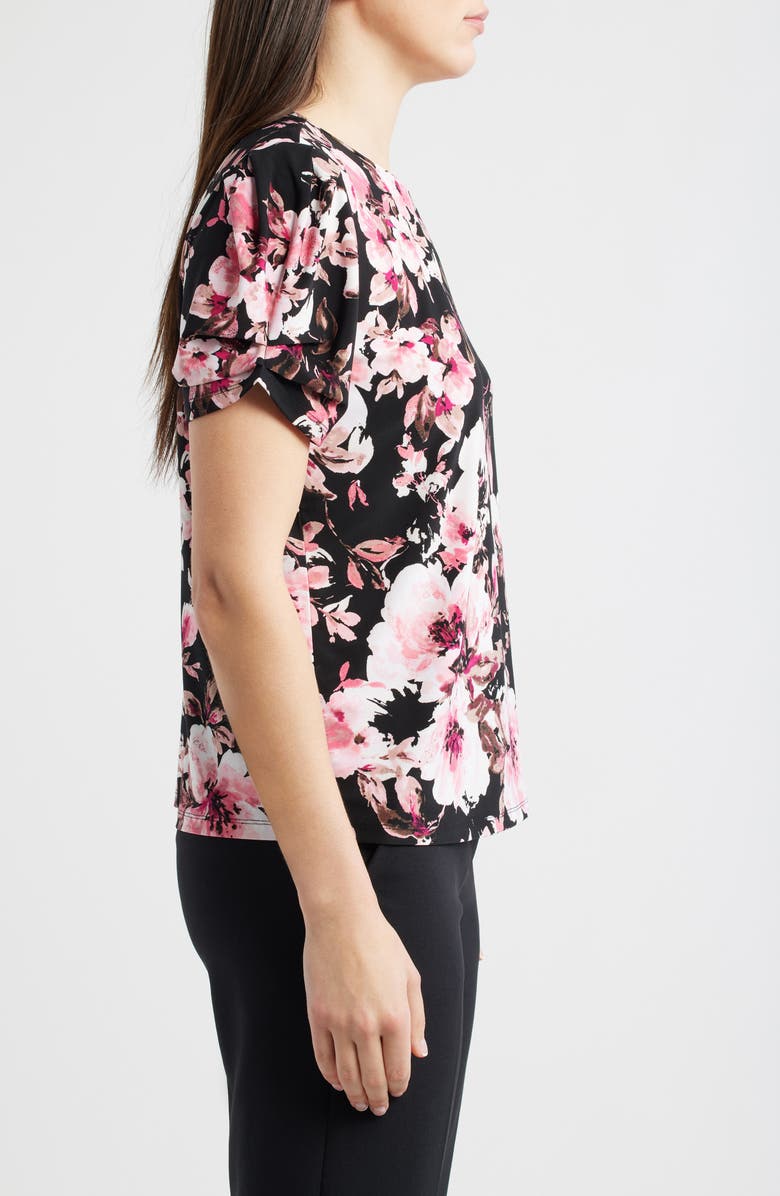 AK ANNE KLEIN Floral Print Pleated Sleeve Top, Alternate, color, Anne Black Multi