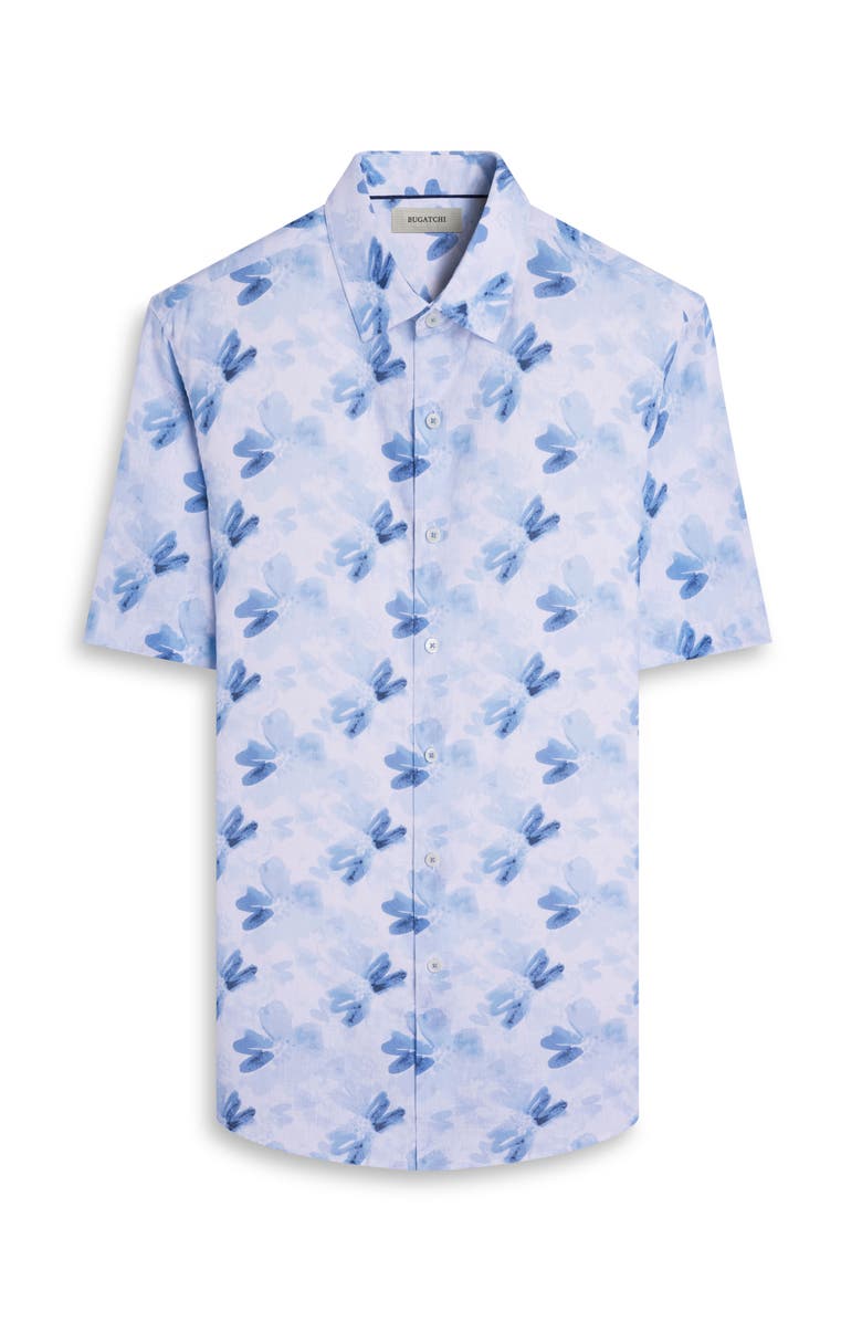 Bugatchi Orson Shaped Fit Abstract Floral Short Sleeve Linen & Cotton Button-Up Shirt, Alternate, color, Classic Blue