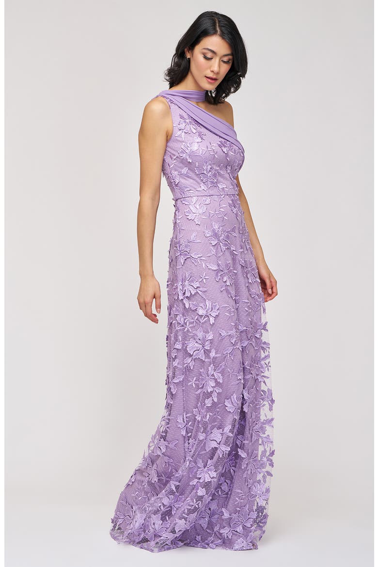 Nola Embroidered Floral Scarf Detail One-Shoulder Gown, Alternate, color, LILAC