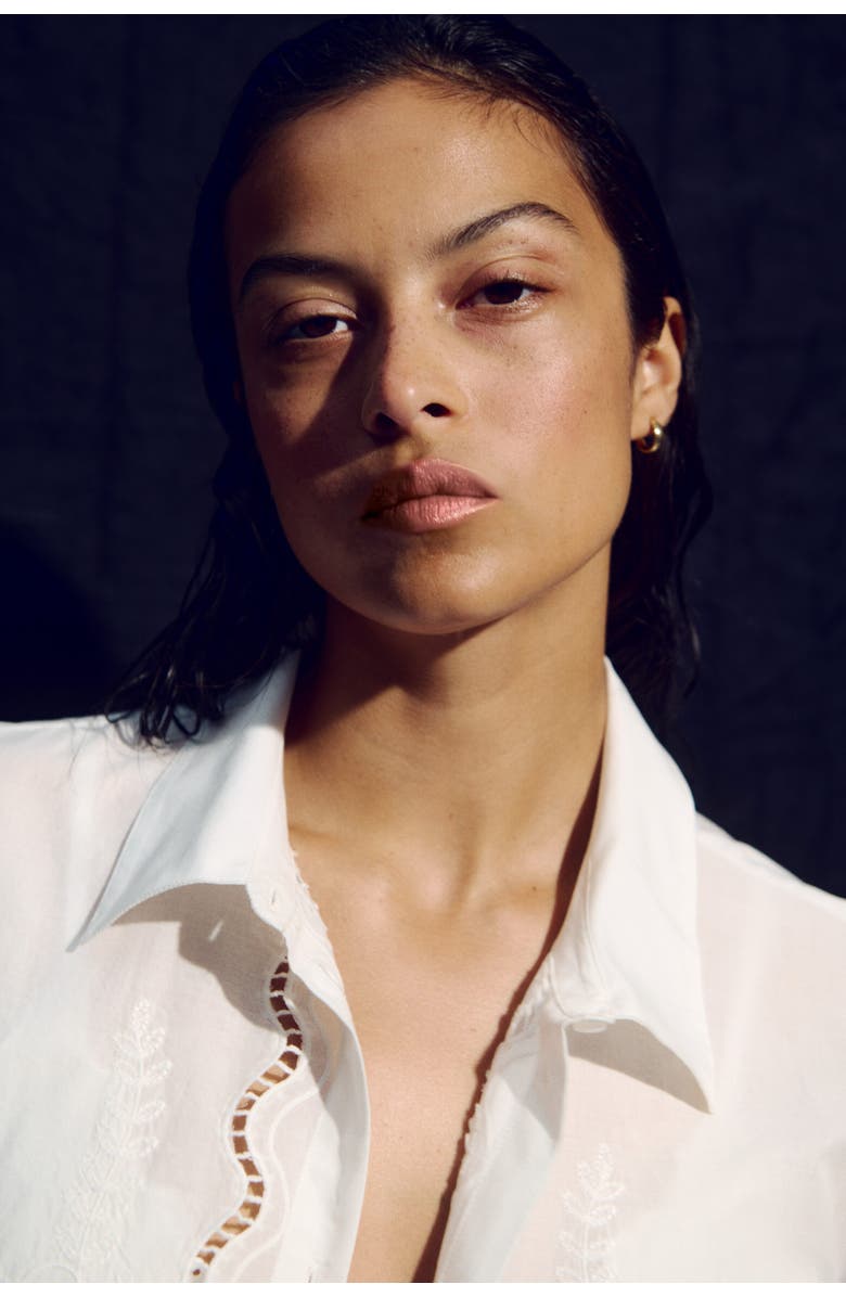 H&M Broderie Anglaise Cotton Beach Shirt, Alternate, color, White