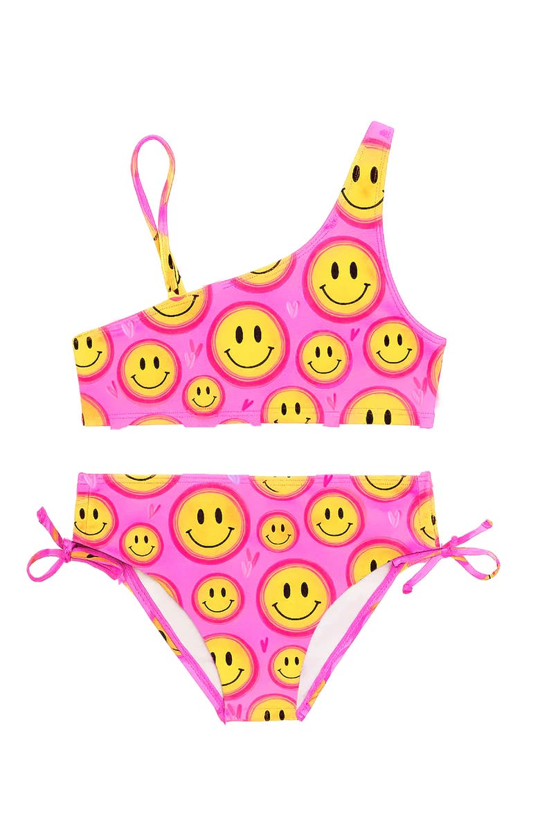Limeapple Smiley Face Printed One Shoulder Bikini Swimsuit, Alternate, color, Pink Multi