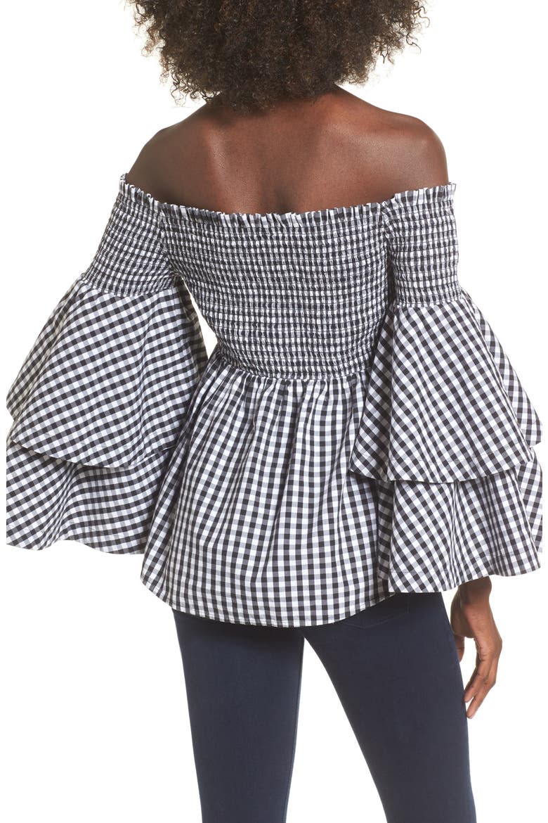 Ruffle Sleeve Off the Shoulder Top, Alternate, color, BLACK LEXI GINGHAM