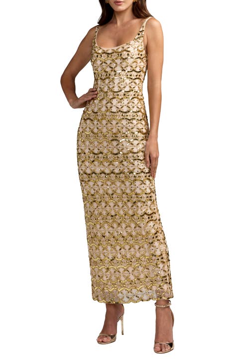 Embellished Scoop Neck Column Gown