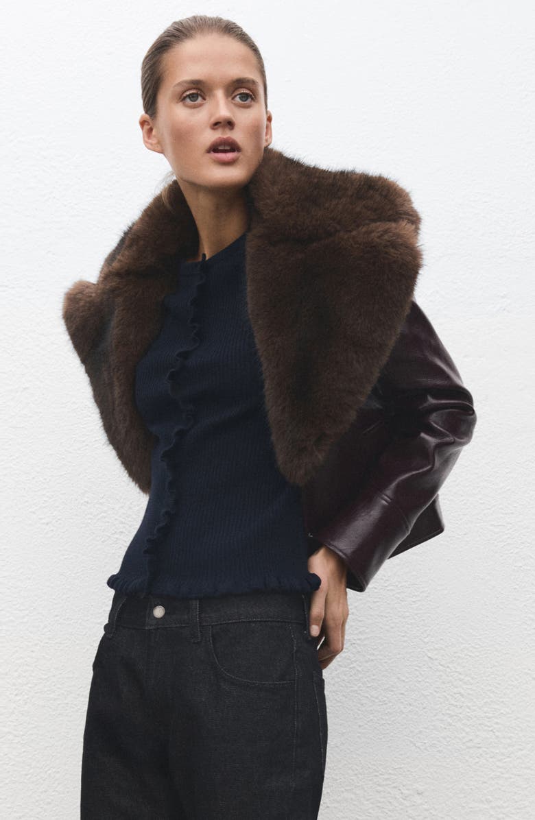 MANGO Ruffle Trim Rib Cardigan, Alternate, color,