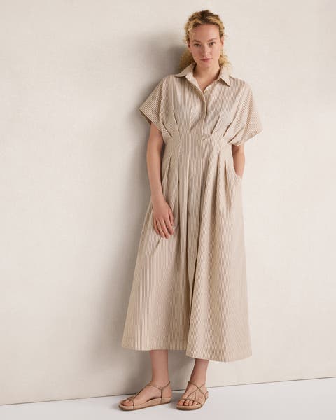 Organic Cotton Poplin Pleated Striped Dress