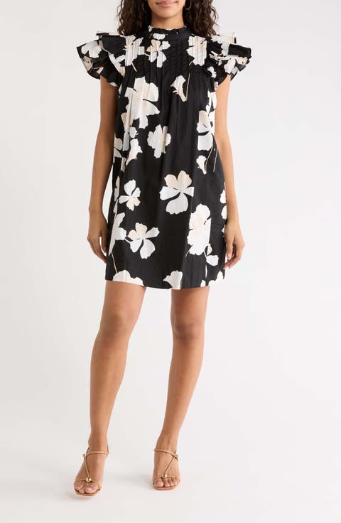 Medina Floral Pleated Flutter Sleeve Shift Minidress