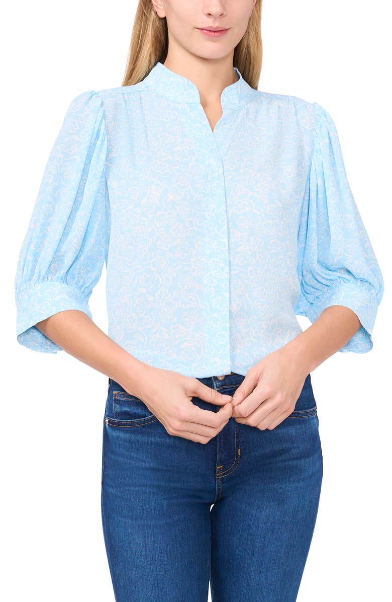 CeCe Printed Puff Sleeve Button-Up Shirt, Main, color, Waterfall