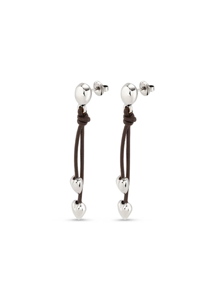 Leather Drop Earrings with Two Small Hearts, Alternate, color, Silver