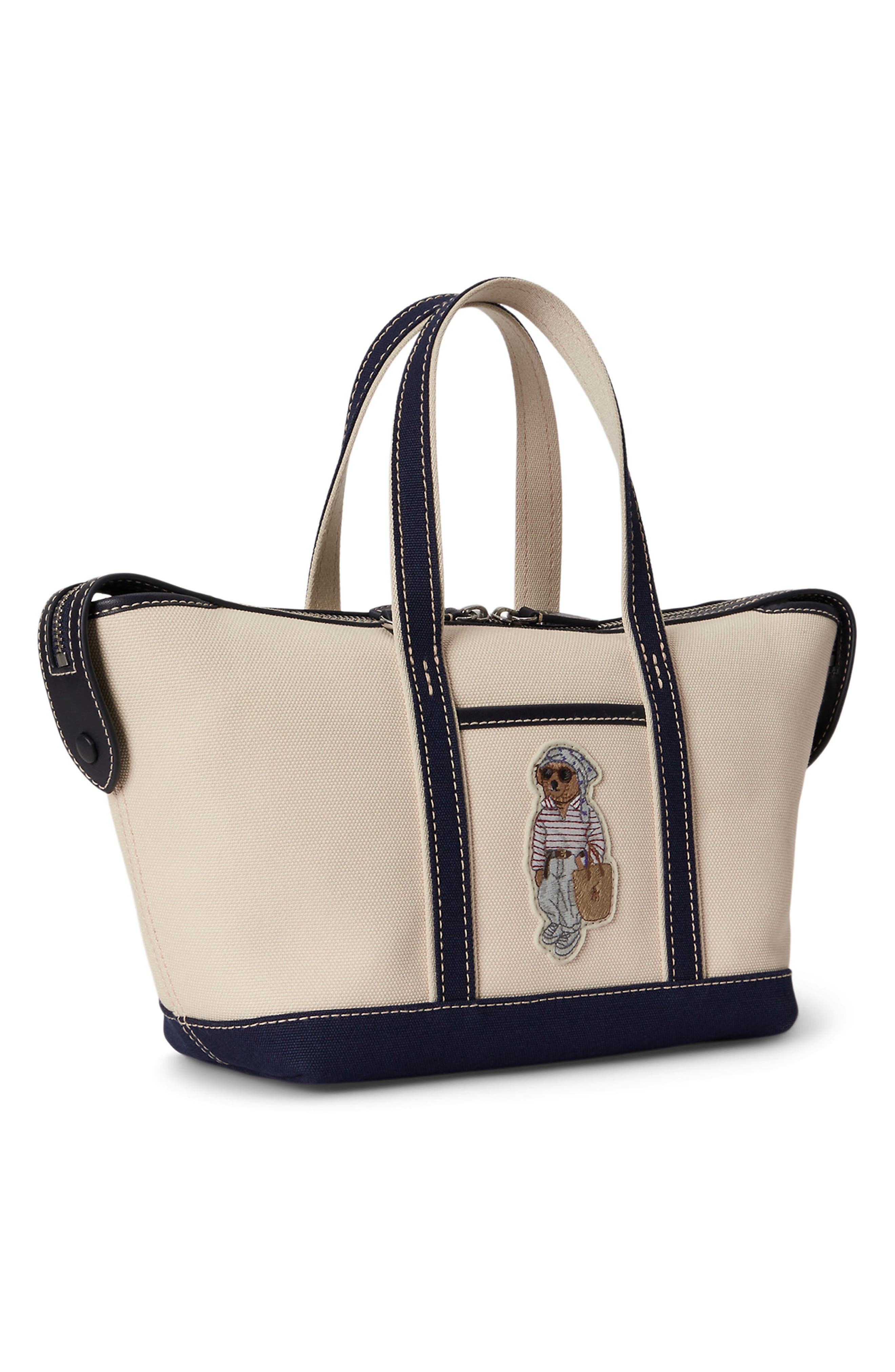 Polo Ralph Lauren Mini Polo Bear Canvas Shopper Tote, Alternate, color, Ecru/ Newport Navy