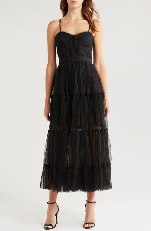 MOON RIVER Plissé Tiered Tulle Midi Dress in Black 