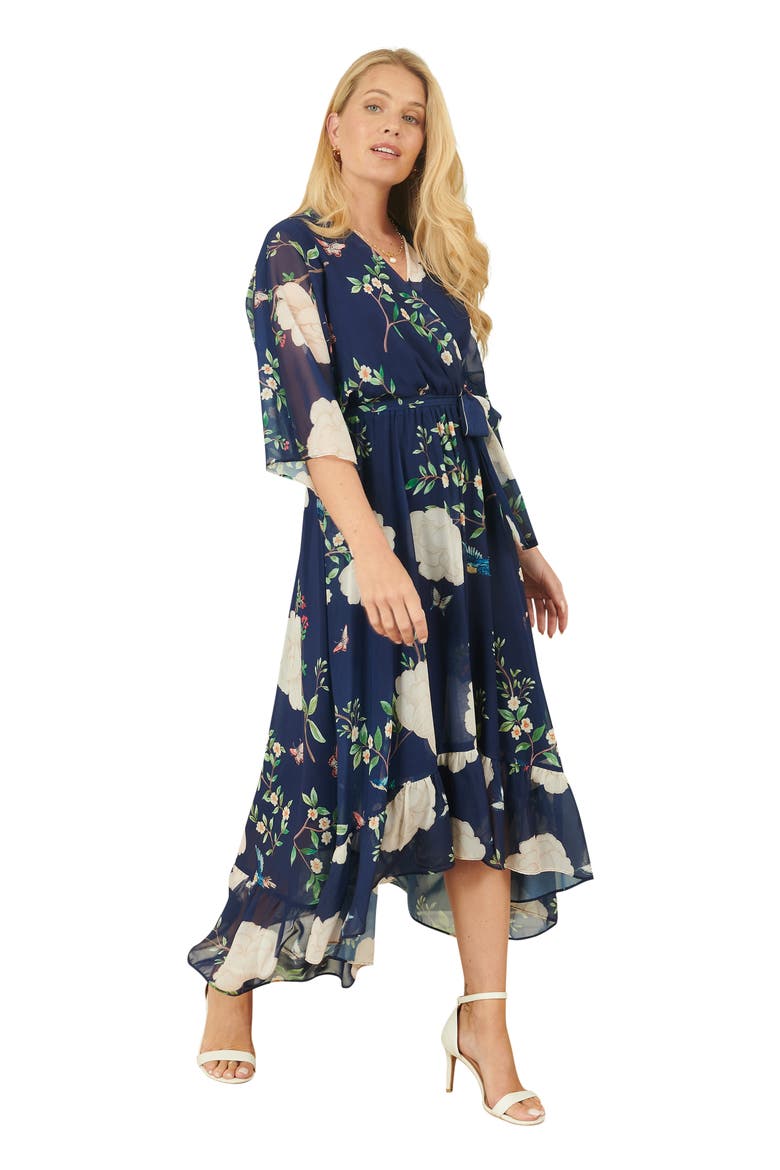 Bird And Floral Print Midi Wrap Dress, Alternate, color, Navy
