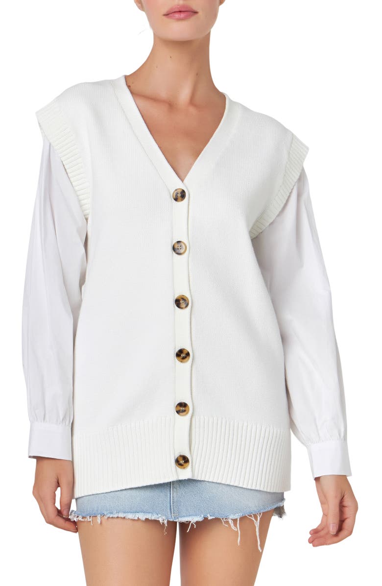 English Factory Mixed Media Cardigan, Main, color, Off White