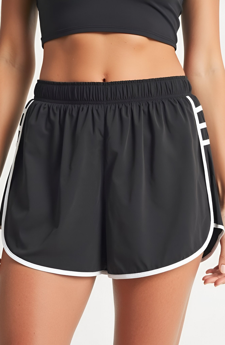 Modenaire Athletic Pleated Contrast-Trim Stretch-Waistband Running Shorts, Alternate, color, Black