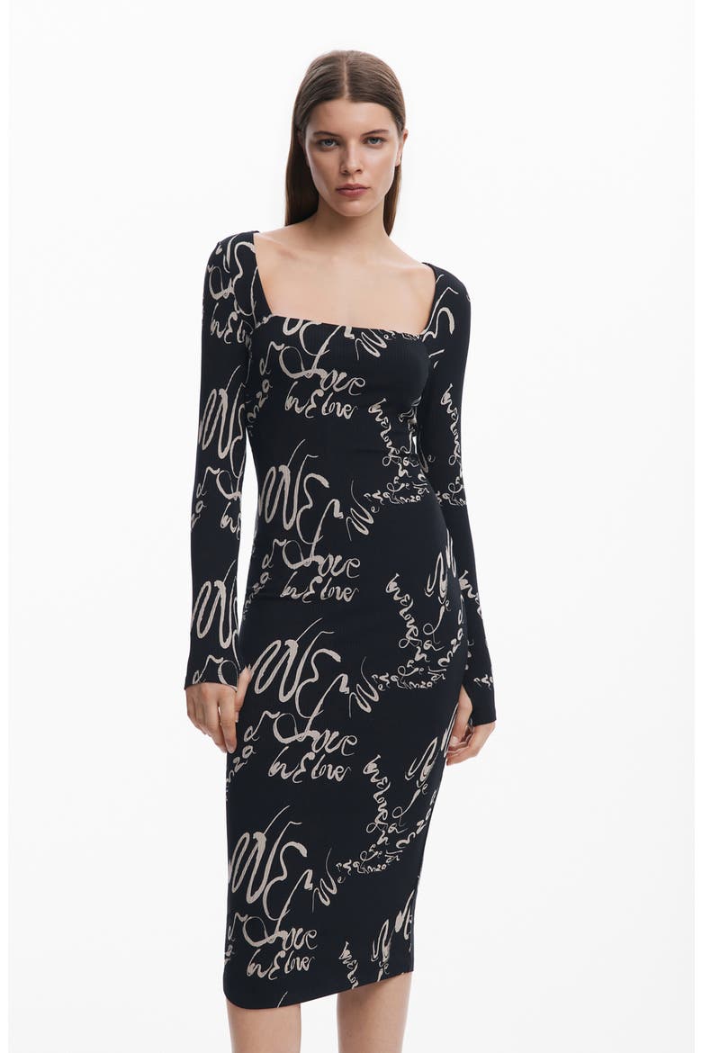 Love Print Long Sleeve Body-Con Midi Dress, Alternate, color, BLACK