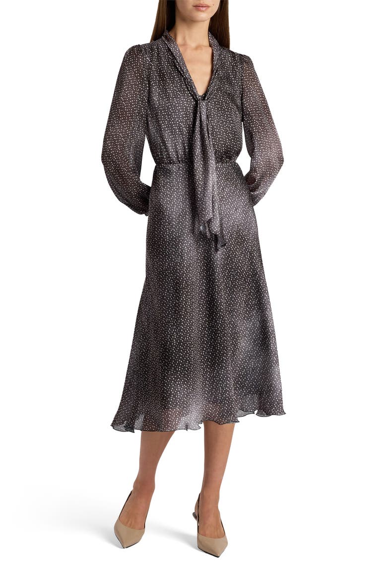 Jenn Midi Dress with Drop Tie Neck in Micro-Dot Print, Alternate, color, Onyx