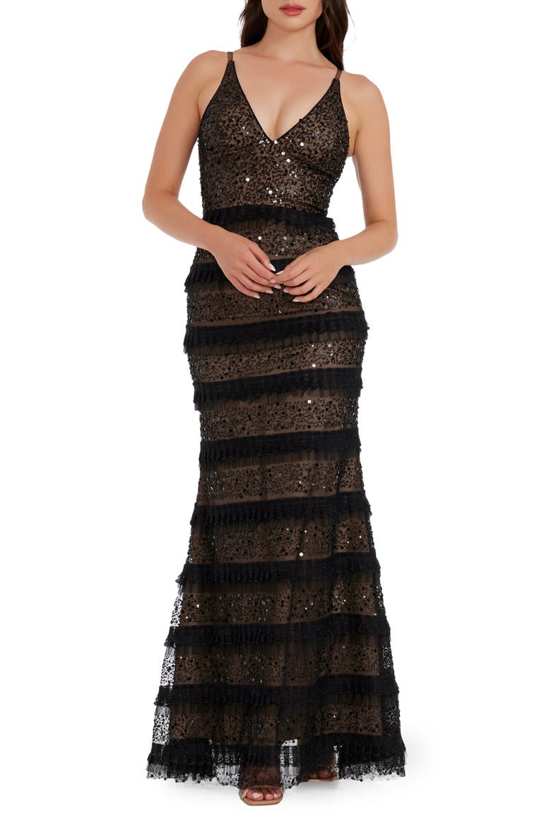Guinevere Sequin Ruffle Gown, Main, color, BLACK/ BEIGE