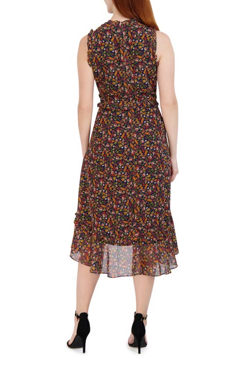 Julia Jordan Floral Ruffle Trim Sleeveless Midi Dress In Brown