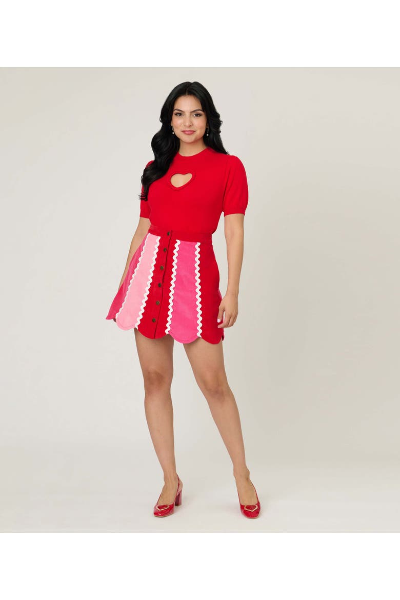 Printed Heart Cutout Knit Sweater, Alternate, color, Solid Red