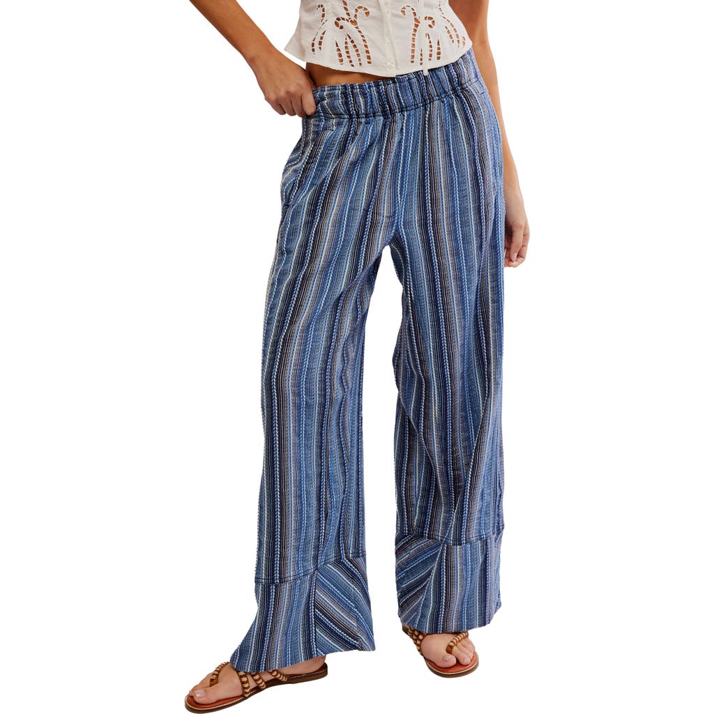 Free People Days End Stripe Cotton Drawstring Pants In Indigo Combo