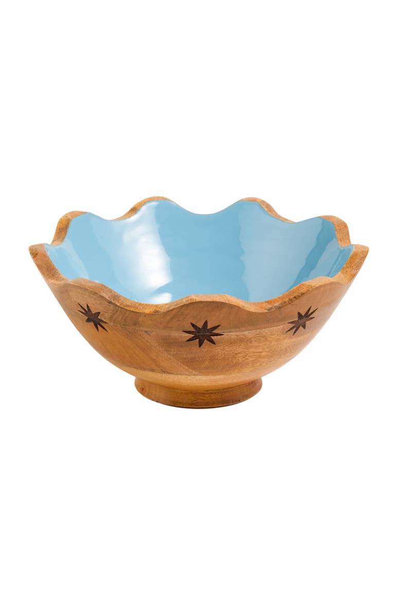 Lakri Carved Mango Wood Bowl 10" x 10" | Artisan Ceramic, Main, color, Blue