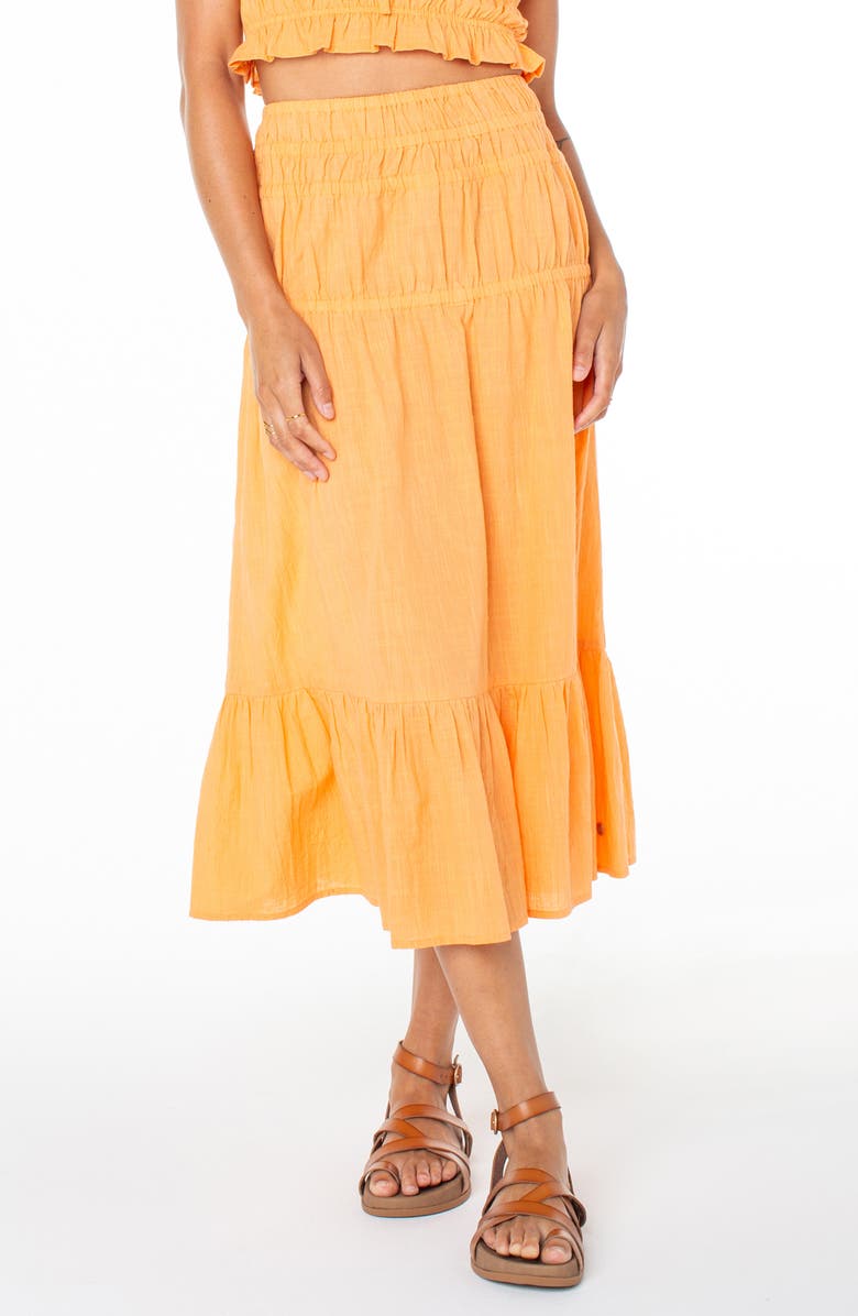 Roxy Malia Tiered Cotton Midi Skirt, Alternate, color, Muskmelon Solid