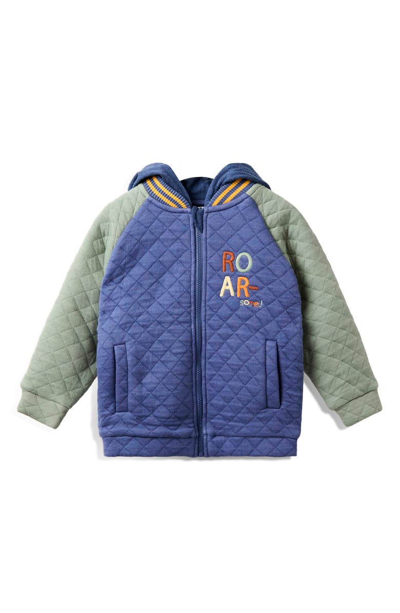 JOJO MAMAN BEBE Kids' Dinosaur Appliqué Hooded Bomber Jacket, Main, color, Indigo