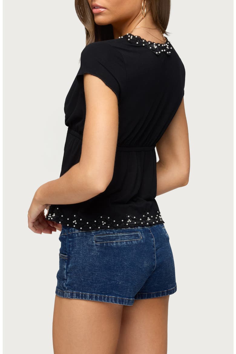 Sepede Lacey Faux Pearl Tie Front Top, Alternate, color, BLACK