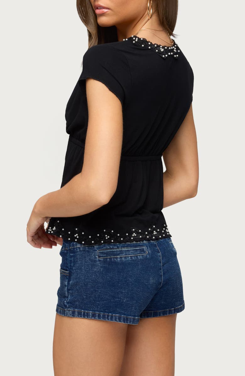 EDIKTED Sepede Lacey Faux Pearl Tie Front Top, Alternate, color, Black