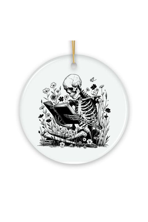 Reading Skeleton Wildflower Ceramic Ornament