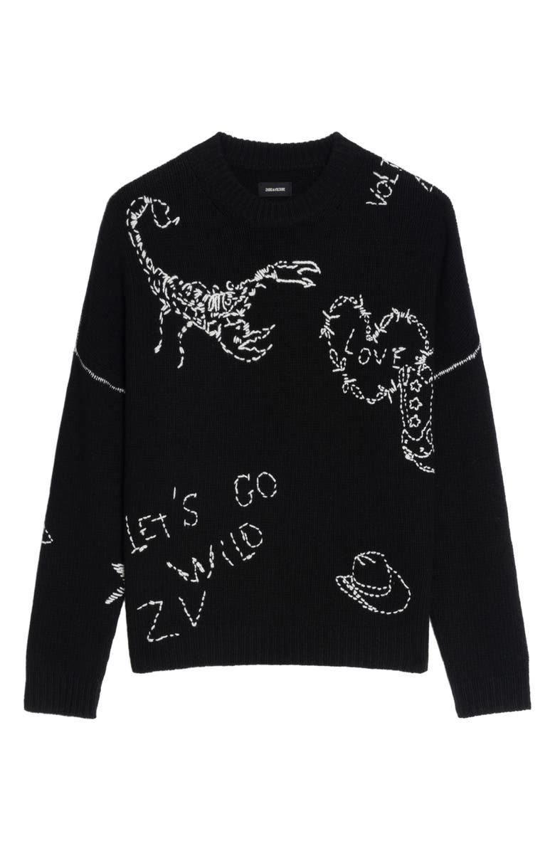 Zadig & Voltaire Baba Embroidered Detail Merino Wool Sweater, Alternate, color, Black