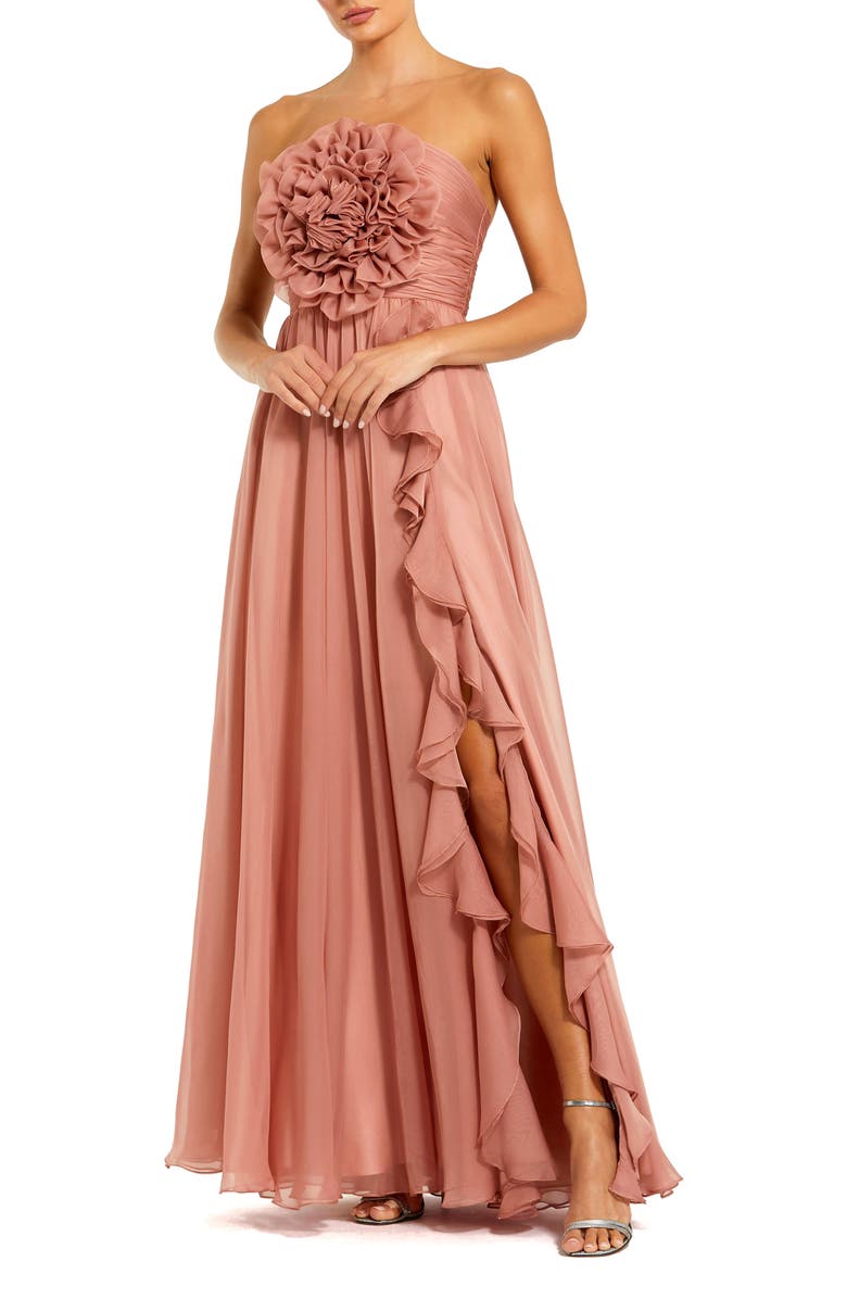 Mac Duggal Strapless Chiffon Gown With Oversized 3D Flower, Main, color, Rose