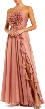 Mac Duggal Strapless Chiffon Gown With Oversized 3D Flower