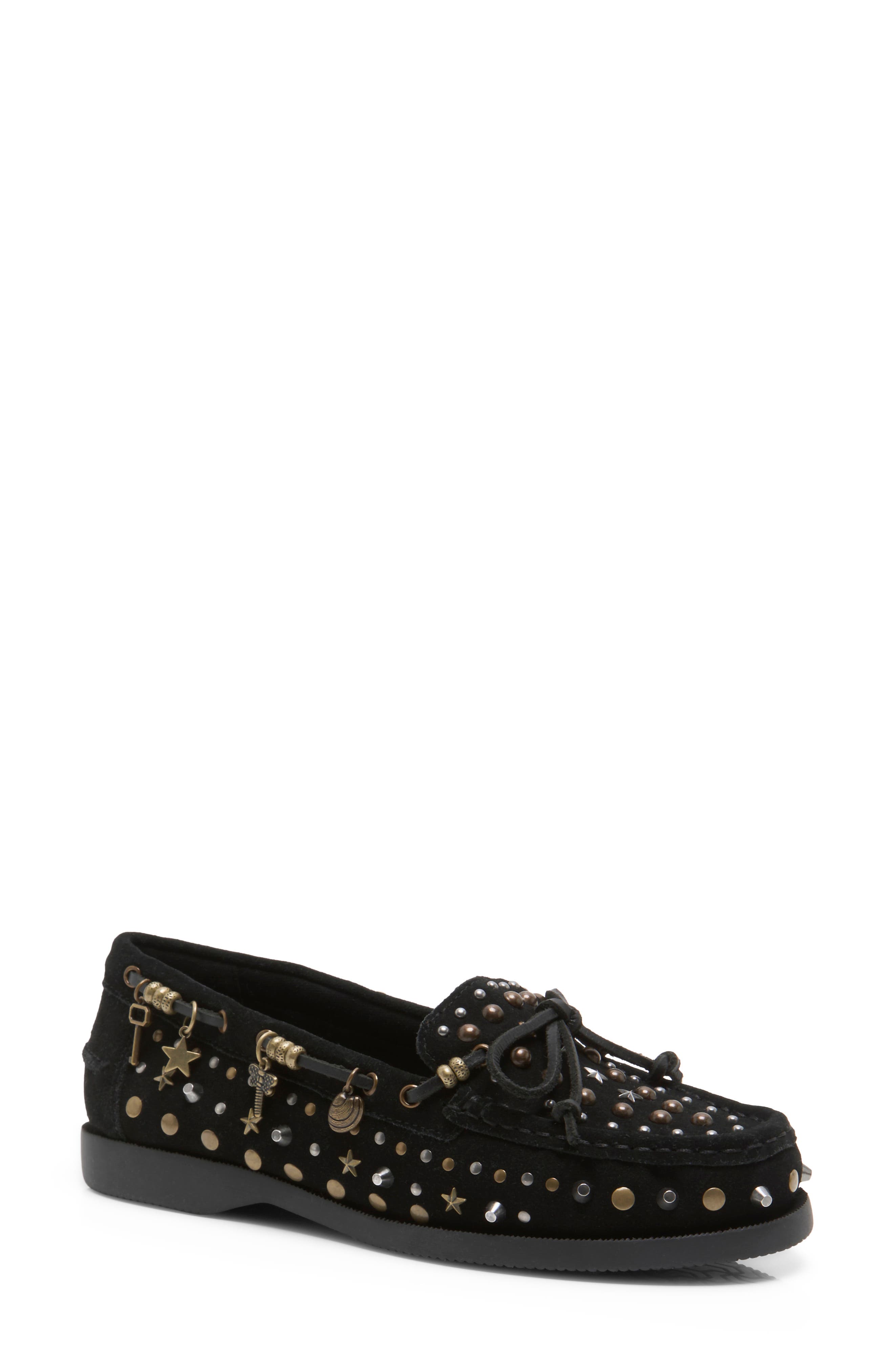 Stargazer Studded Boat Shoe, Main, color, BLACK SUEDE