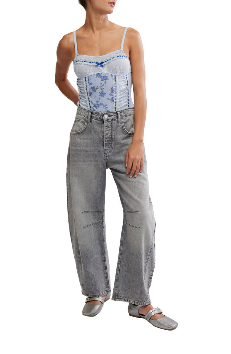 Free People Sara Floral Print Lace Corset Bodysuit, Alternate, color, Blue Combo