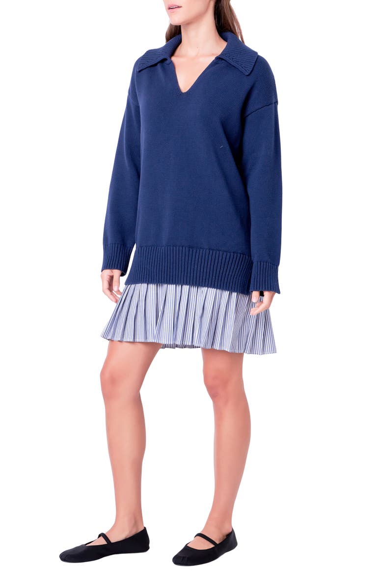 Mixed Media Long Sleeve Minidress, Alternate, color, NAVY/ NAVY