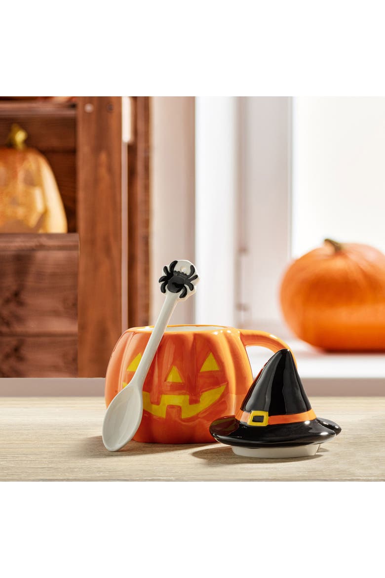 18 oz. Jack-O-Lantern Lidded Mug with Spoon, Alternate, color, Orange