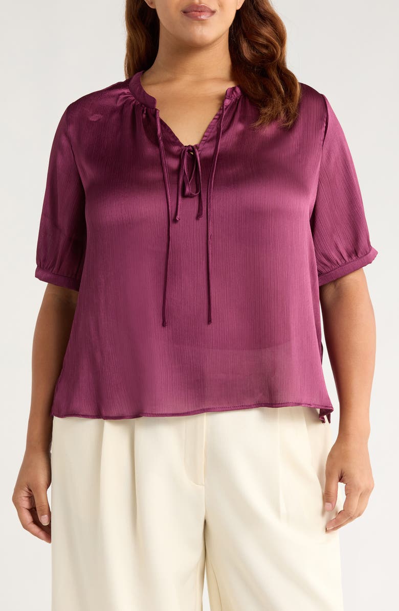 Vince Camuto Tie Front Satin Top, Main, color, Sweet Plum