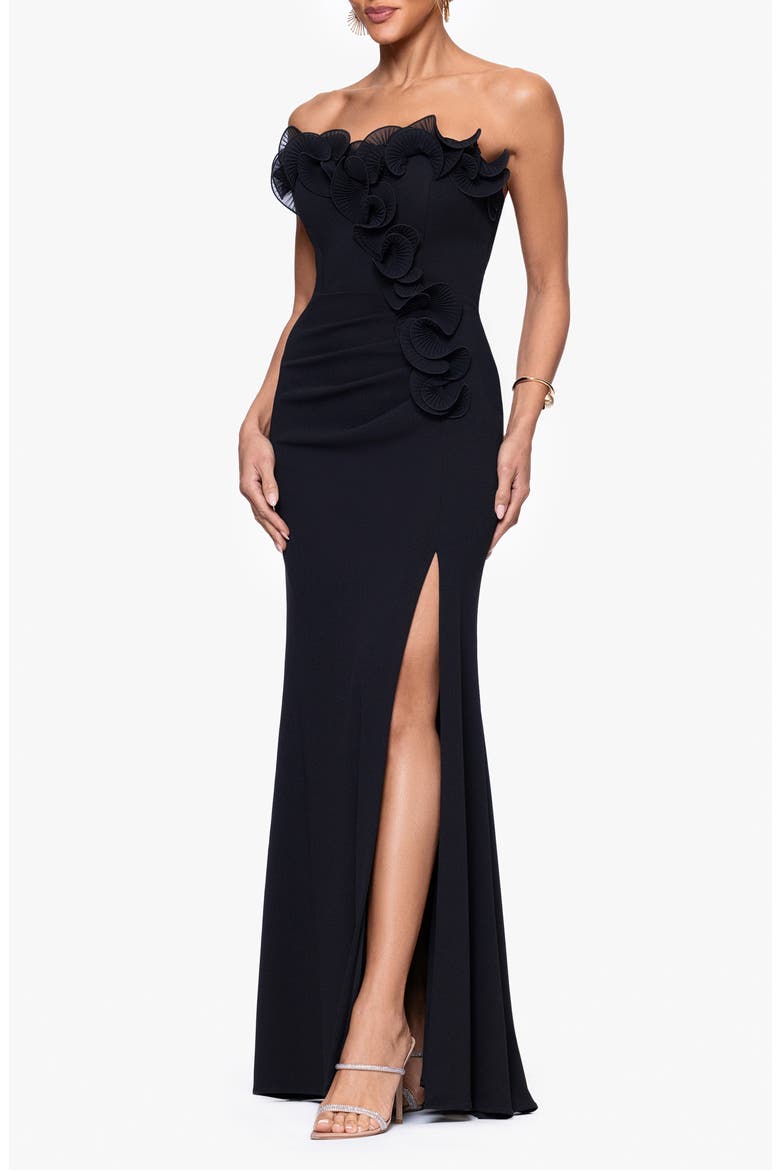 Ruffle Detail Strapless Scuba Crepe Sheath Gown, Alternate, color, BLACK