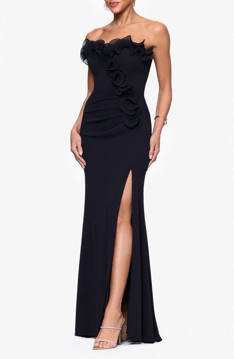 Xscape Evenings Ruffle Detail Strapless Scuba Crepe Sheath Gown, Alternate, color, Black
