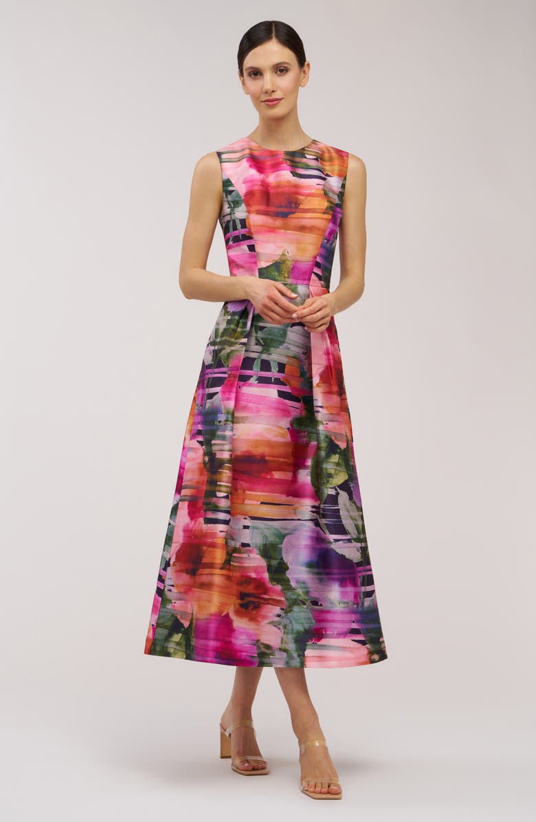 Kay Unger Tessa Watercolor Floral Midi A-Line Dress, Alternate, color, Sunflower Multi