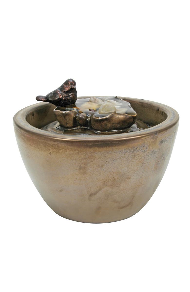 Foreside Home and Garden Bronze Bird on Leaf Indoor Water Fountain With Pump, Main, color, Brown
