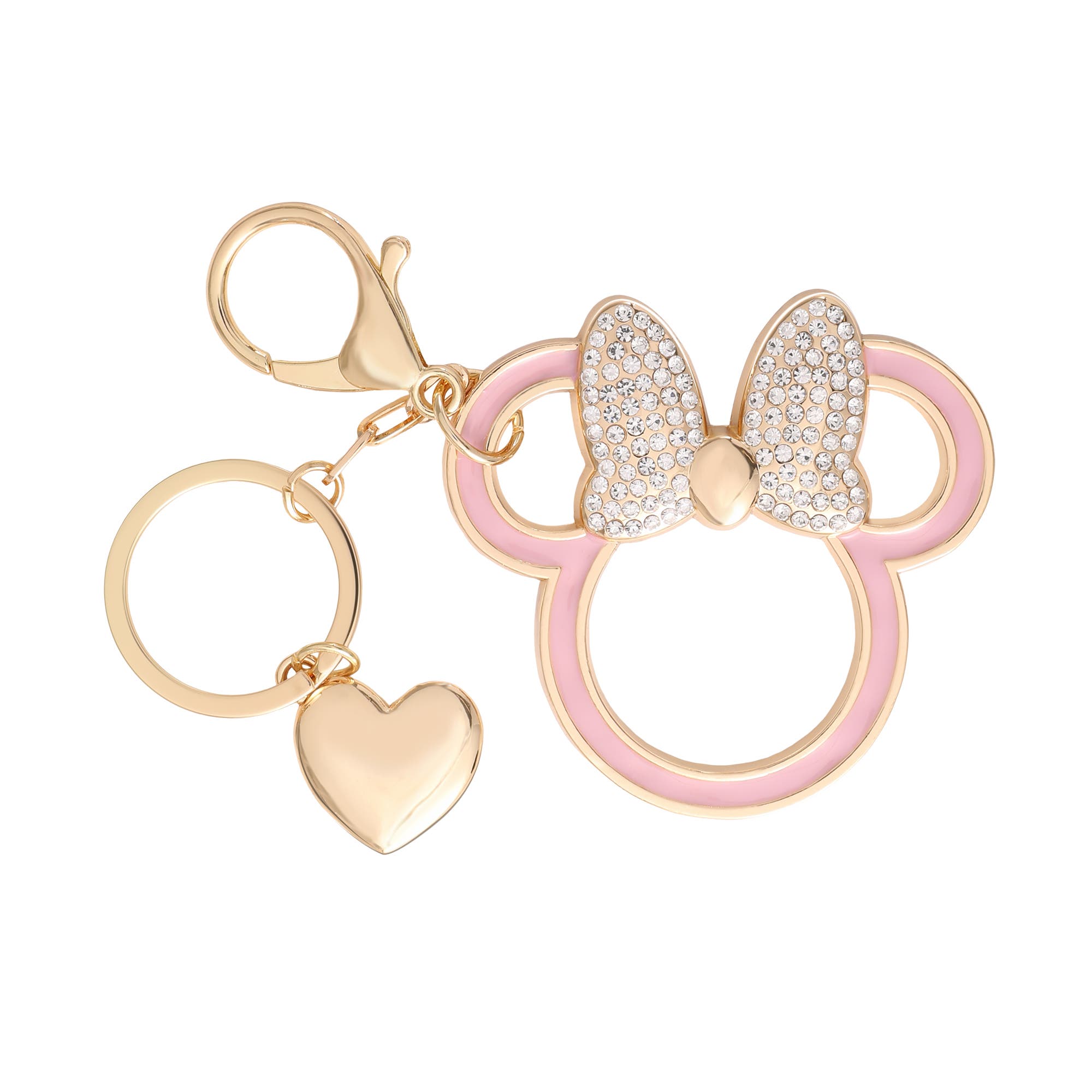 Disney Minnie Mouse Outline Keychain with Crystal Bow and Heart Charm, Main, color, Metallic Gold, Pink