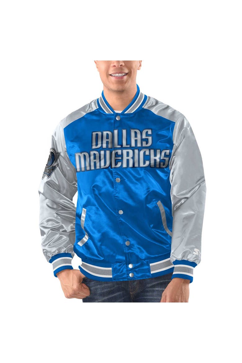 Men's Starter Blue/Silver Dallas Mavericks Renegade Satin Full-Snap Varsity Jacket, Main, color, Blue