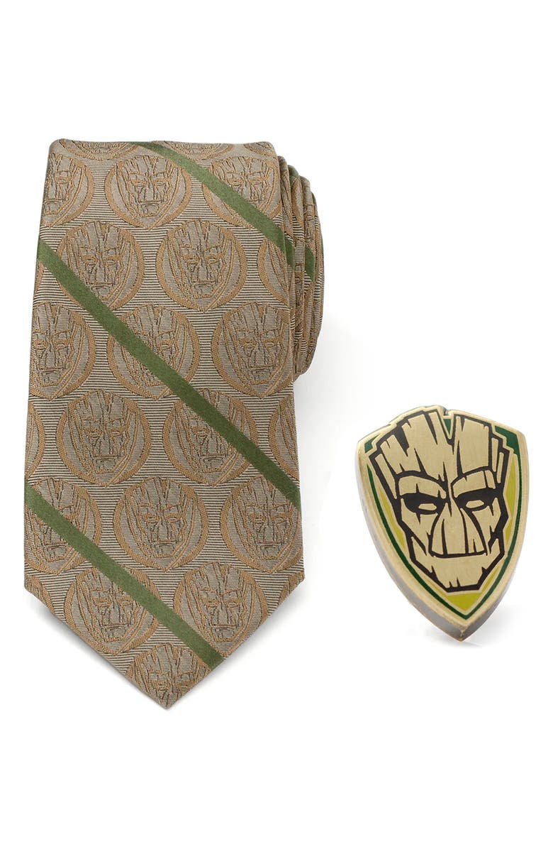 Cufflinks, Inc. I Am Groot Silk Blend Tie & Lapel Pin Gift Set, Main, color, Brown Multi