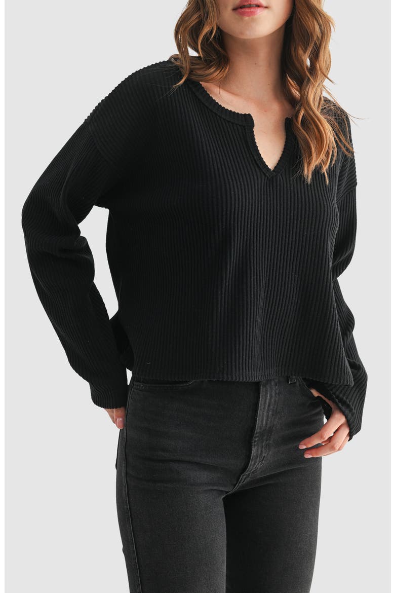 Split Neck Long Sleeve Ribbed Top, Alternate, color, BLACK