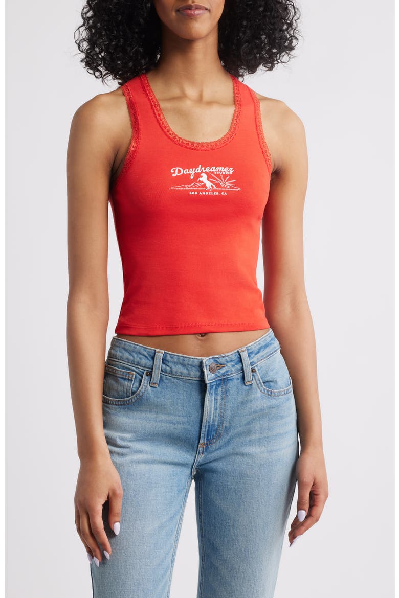 Studio Lace Accent Cotton Graphic Tank, Main, color, CHERRY RED