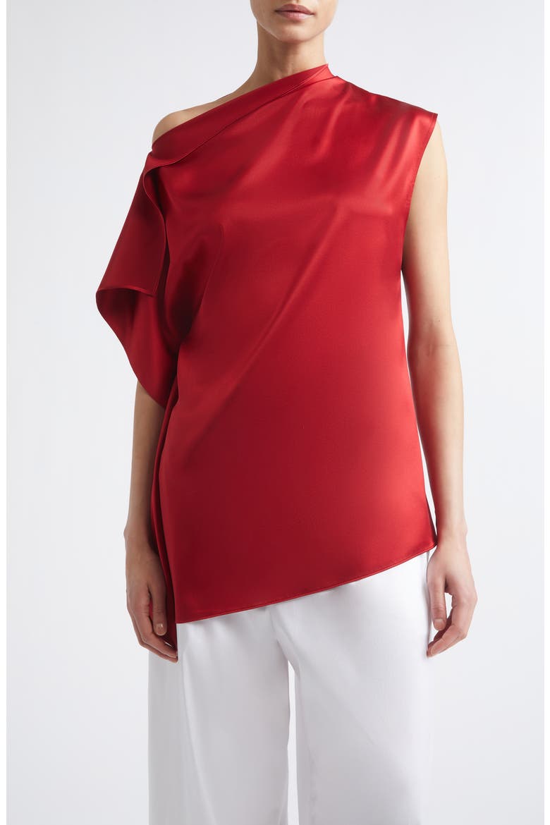 Asymmetric Silk Satin Top, Main, color, RUBY